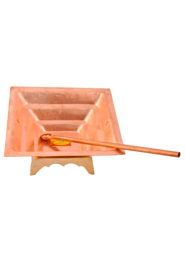 Shiv Shakti Arts Pure Copper Hawan Kund with Stand and Spoon for Hawan Purpose 3 Pcs Set - Indya