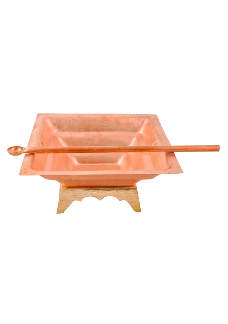 Shiv Shakti Arts Pure Copper Hawan Kund with Stand and Spoon for Hawan Purpose 3 Pcs Set - Indya