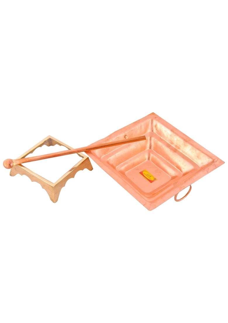 Shiv Shakti Arts Pure Copper Hawan Kund with Stand and Spoon for Hawan Purpose 3 Pcs Set - Indya