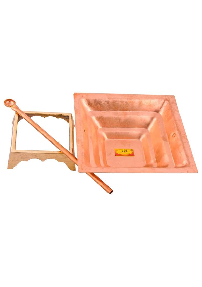 Shiv Shakti Arts Pure Copper Hawan Kund with Stand and Spoon for Hawan Purpose 3 Pcs Set - Indya