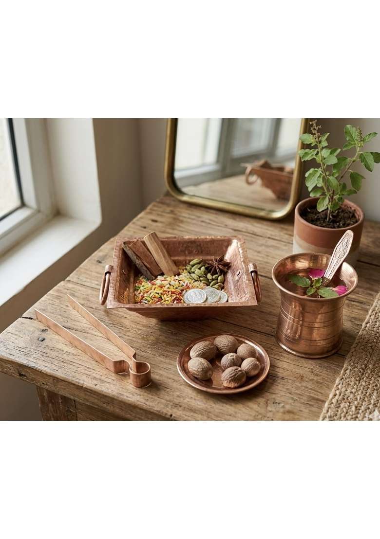 Blissful Decor Pure Copper Hawan Kund Set Agnihotra Kit Havan Set Spoon - Indya