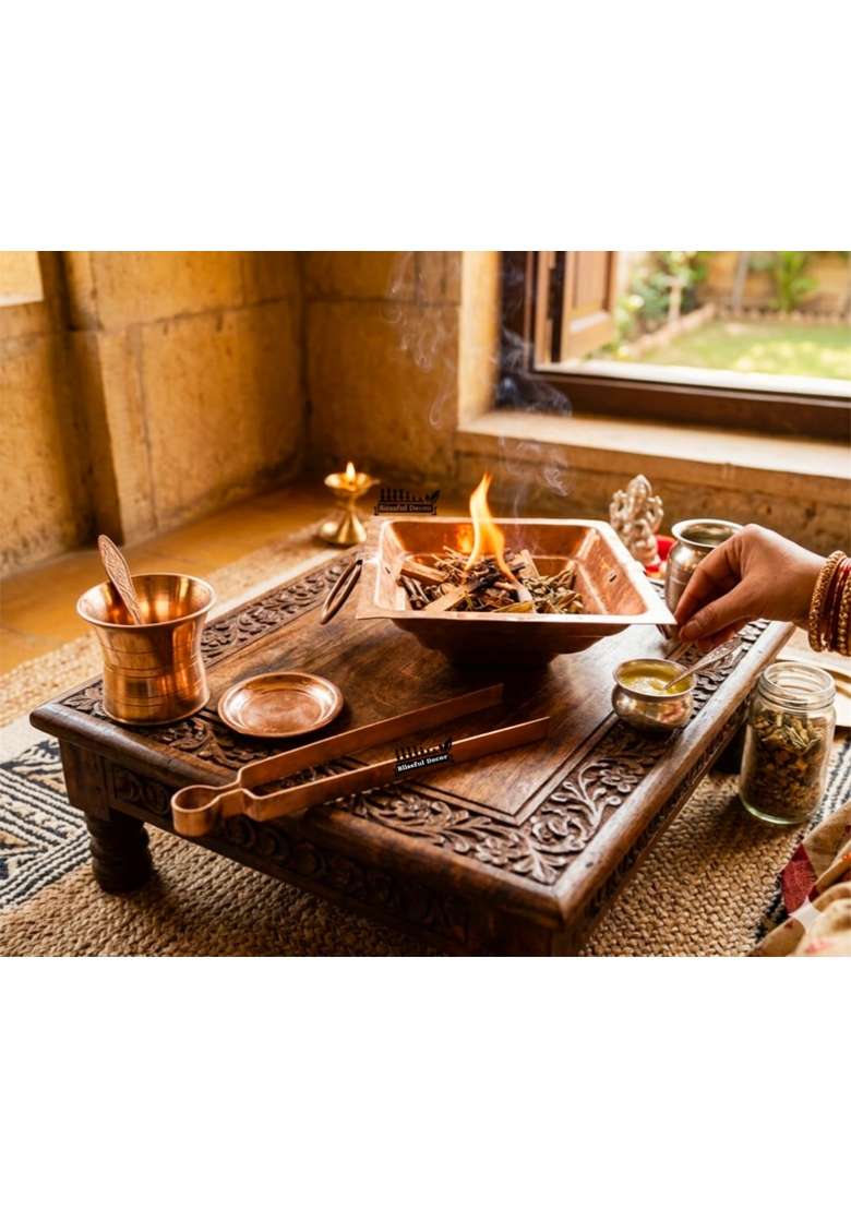 Blissful Decor Pure Copper Hawan Kund Set Agnihotra Kit Havan Set Spoon - Indya