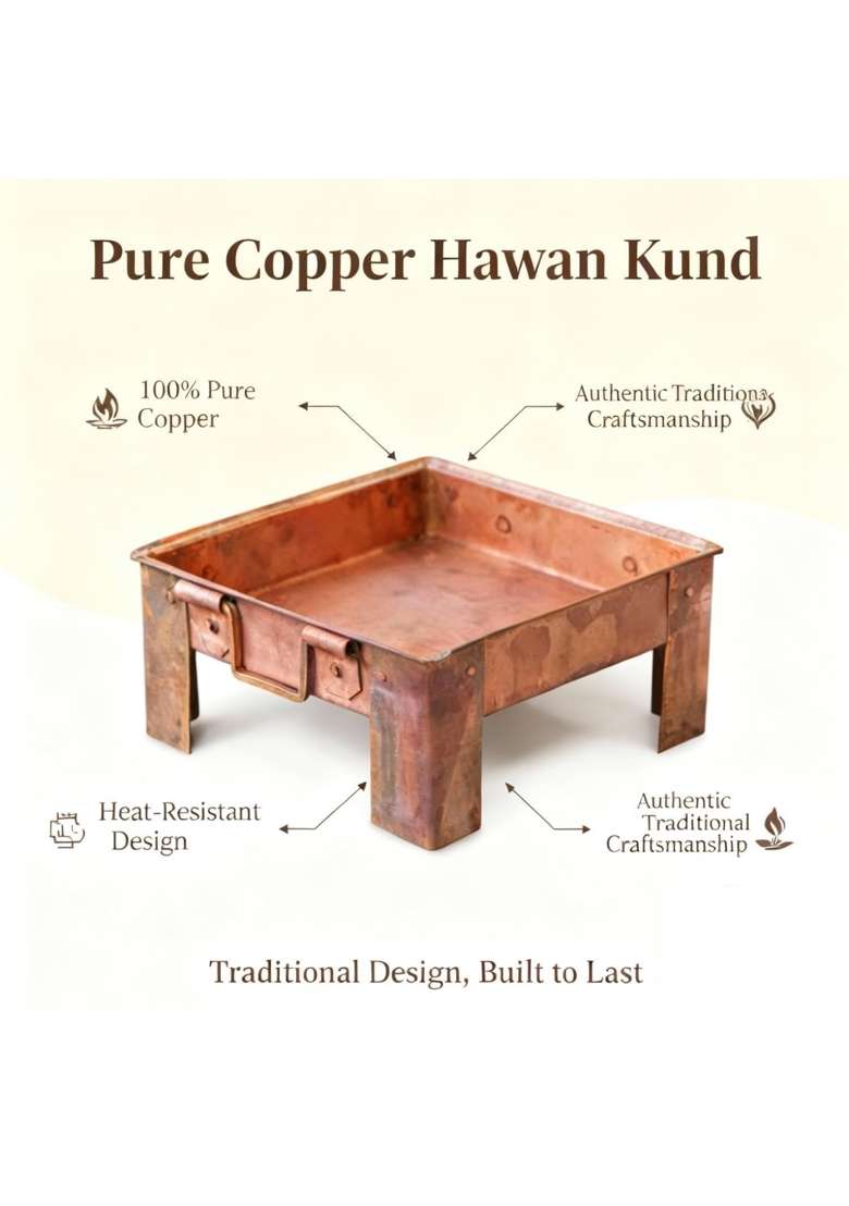 Housebox 16 Inch Big Size Pure Copper Hawan Kund with Stand and Both Side Handle for Hawan Purpose 16 Inch - Indya