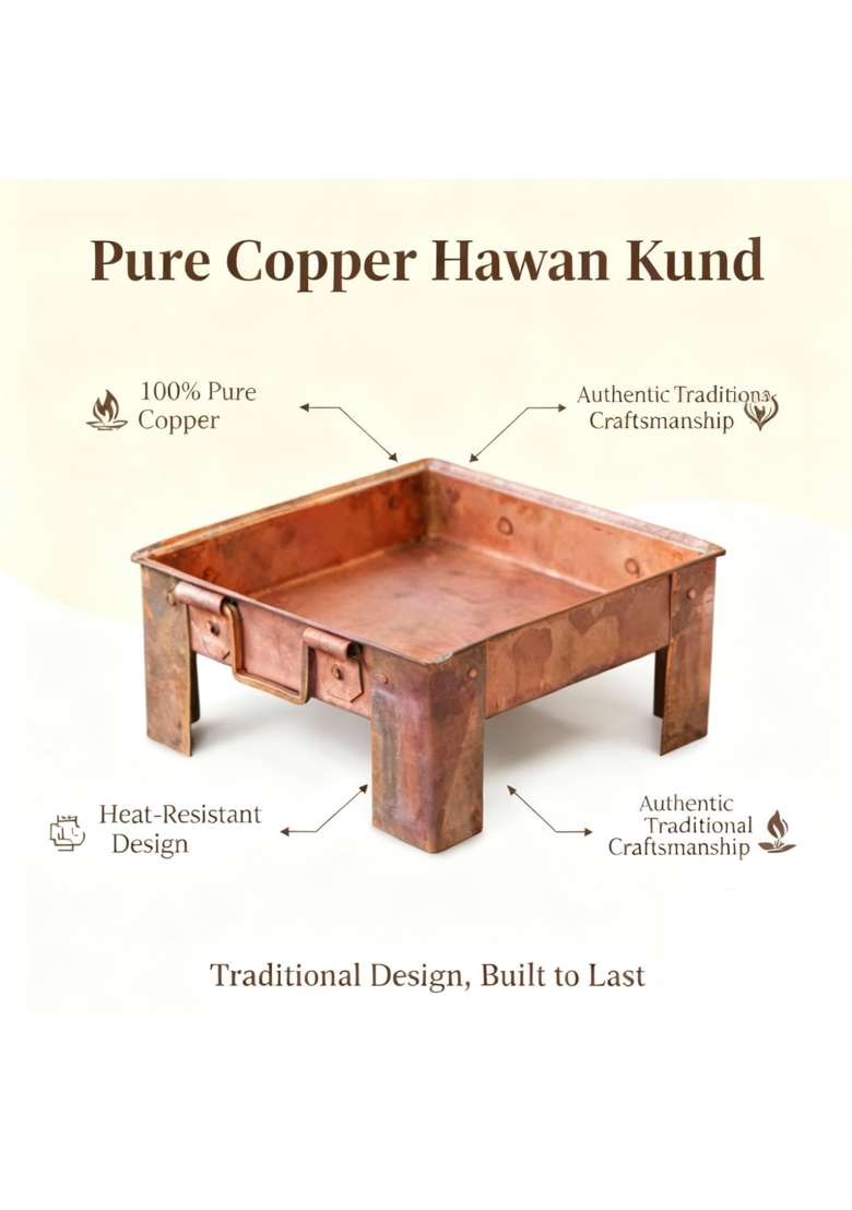 Ohmnamo Pure Copper 16 Inch Hawan Kund for Poojan Purpose Indian Cultural Religious Item for Home Office Brown - Indya