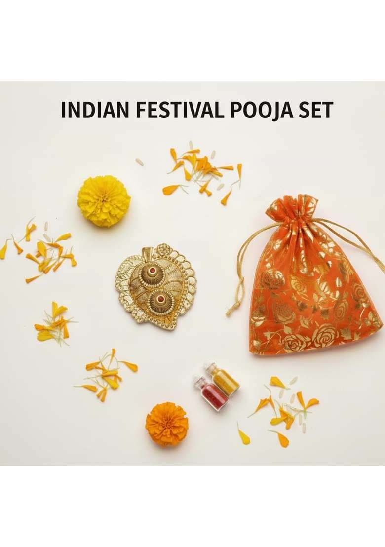 VS Club Gold Plated Haldi Kumkum Karanda with Beautiful Organza Potli and Filled Bottles - Indya