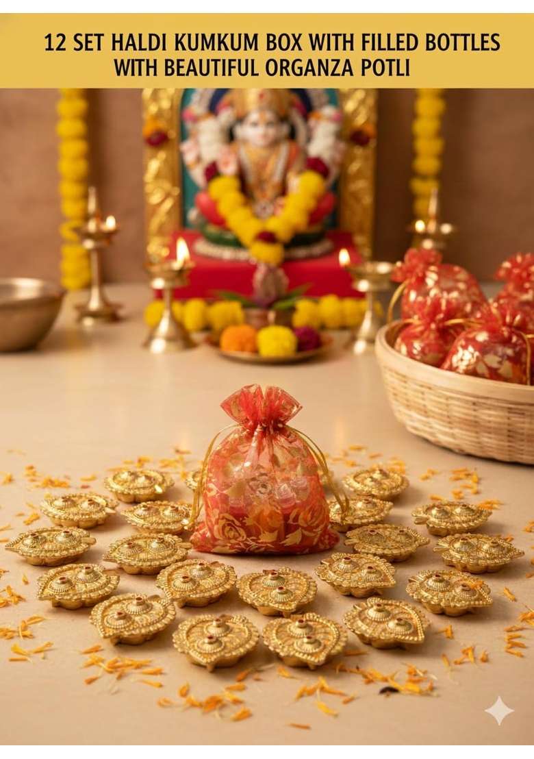 VS Club Gold Plated Haldi Kumkum Karanda with Beautiful Organza Potli and Filled Bottles - Indya