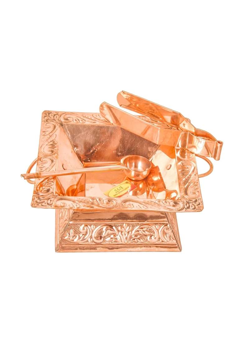 Shiv Shakti Arts Pure Copper Hawan Kund Agnihotra Set with Both Side Handle and Stand 4 Pc Set 19 X 19 CM - Indya