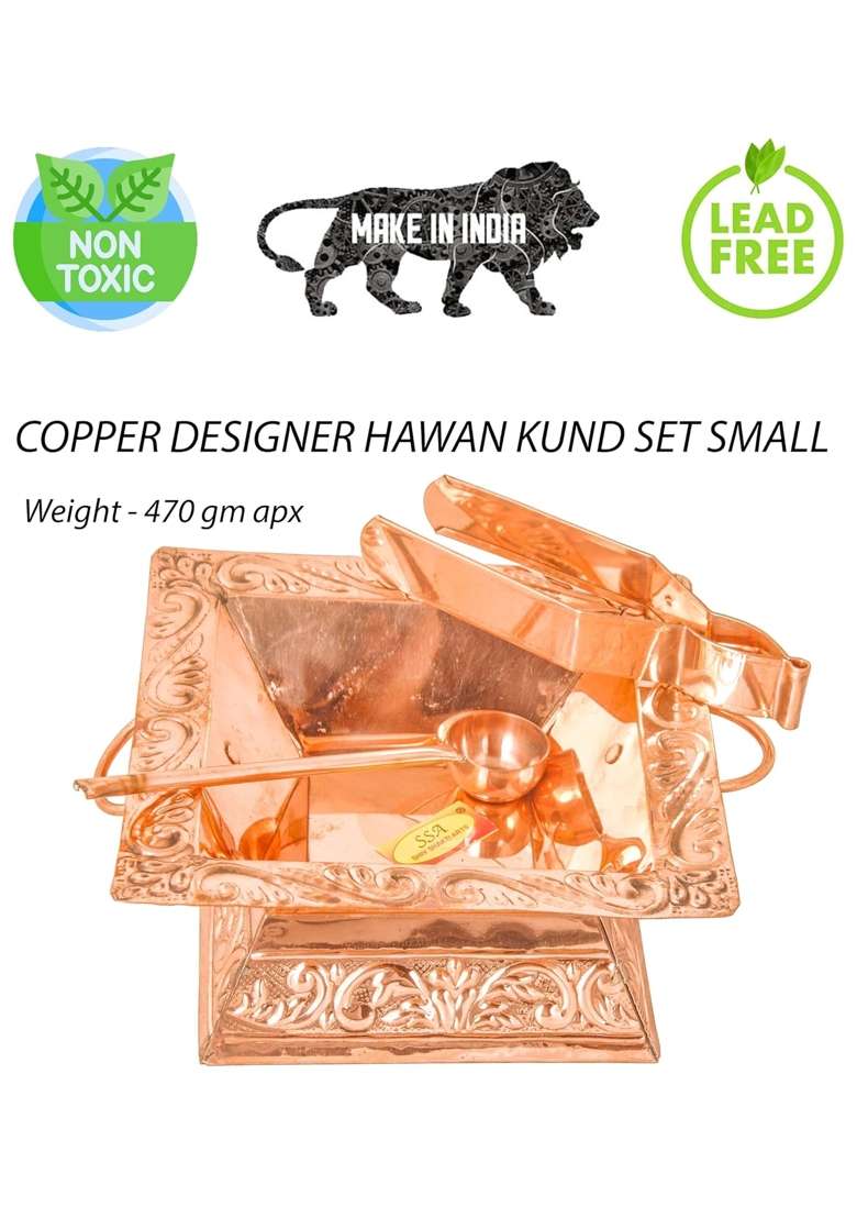 Shiv Shakti Arts Pure Copper Hawan Kund Agnihotra Set with Both Side Handle and Stand 4 Pc Set 19 X 19 CM - Indya