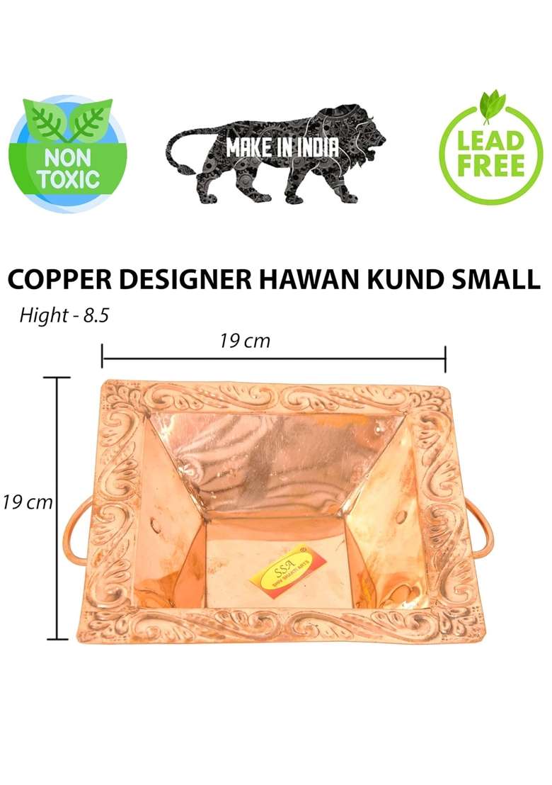 Shiv Shakti Arts Pure Copper Hawan Kund Agnihotra Set with Both Side Handle and Stand 4 Pc Set 19 X 19 CM - Indya