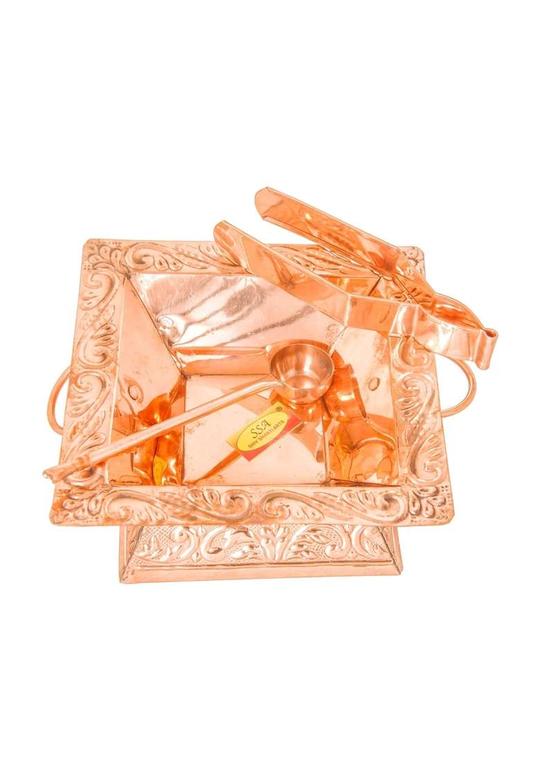Shiv Shakti Arts Pure Copper Hawan Kund Agnihotra Set with Both Side Handle and Stand 4 Pc Set 19 X 19 CM - Indya