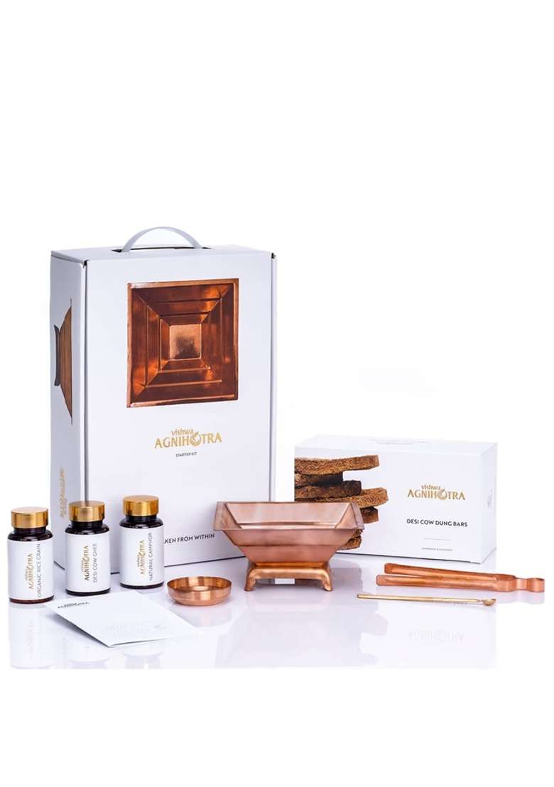 Vishwa Agnihotra Copper Starter Kit for Daily Agnihotra Ritual Pure Copper Pyramid Kit with Cow Dung Cakes - Indya