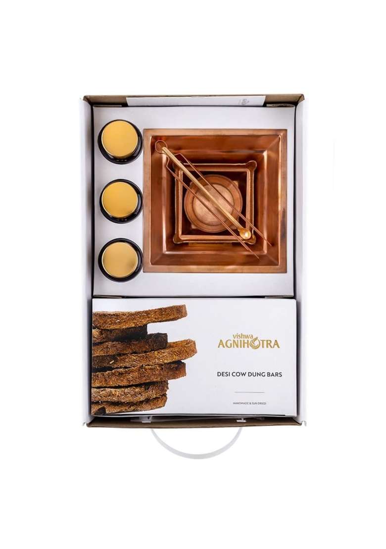Vishwa Agnihotra Copper Starter Kit for Daily Agnihotra Ritual Pure Copper Pyramid Kit with Cow Dung Cakes - Indya