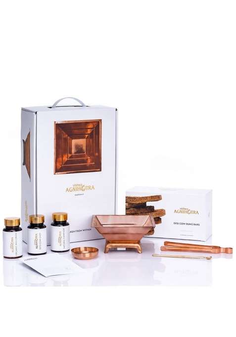 Vishwa Agnihotra Copper Starter Kit for Daily Agnihotra Ritual Pure Copper Pyramid Kit with Cow Dung Cakes