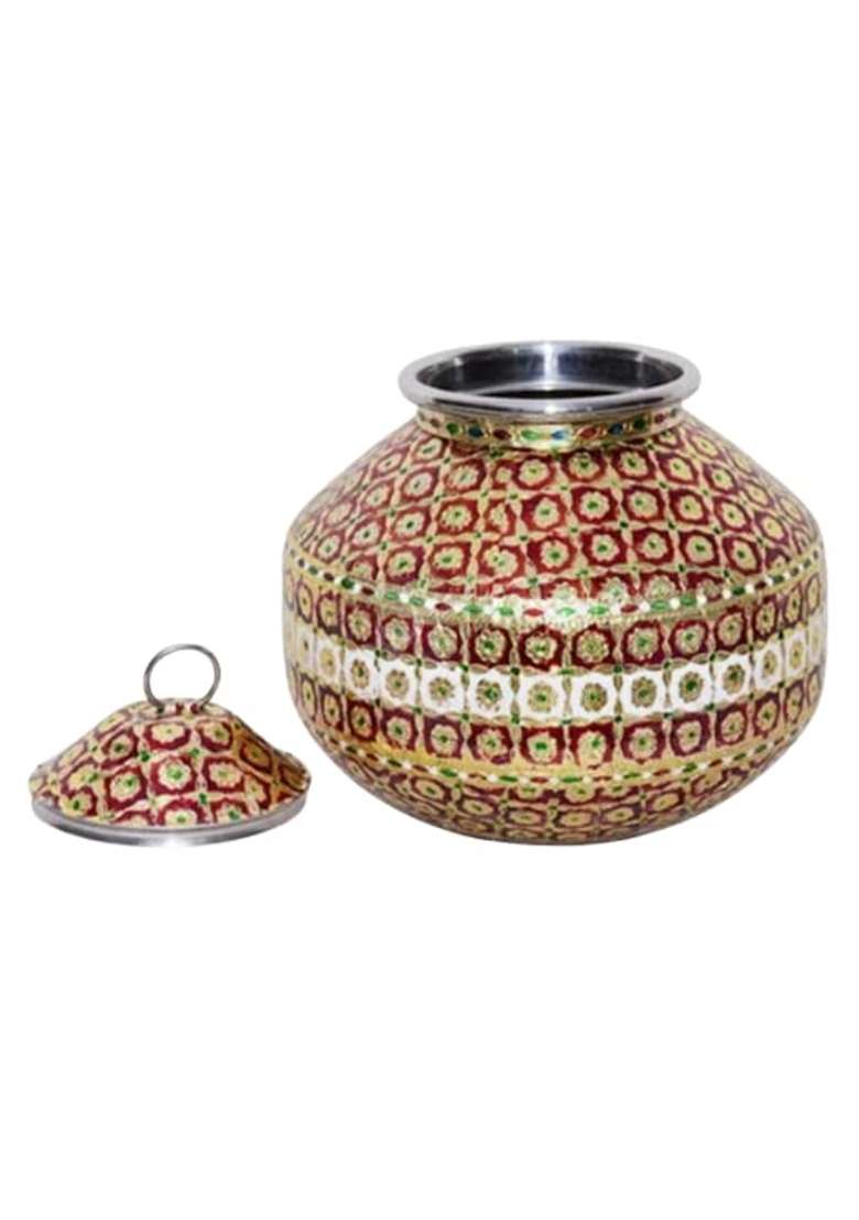 SGR Handicrafts Embossed Meenakari Steel Matki 5 Liters Gold Finish - Indya