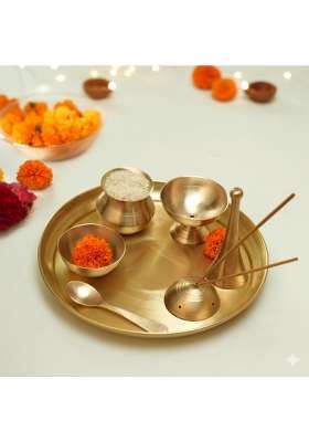 Earth Chakra Pooja Thali Brass Thali Tikka Katori Agarbatti Stand Bell Diya Matka and Spoon Set of 7