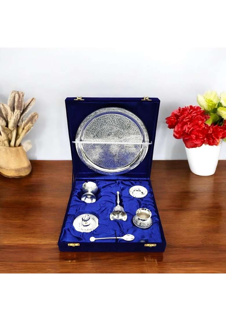 Natriel Silver Plated Brass Pooja Thali Set 7 Piece Traditional Worship Collection with Velvet Box - Indya