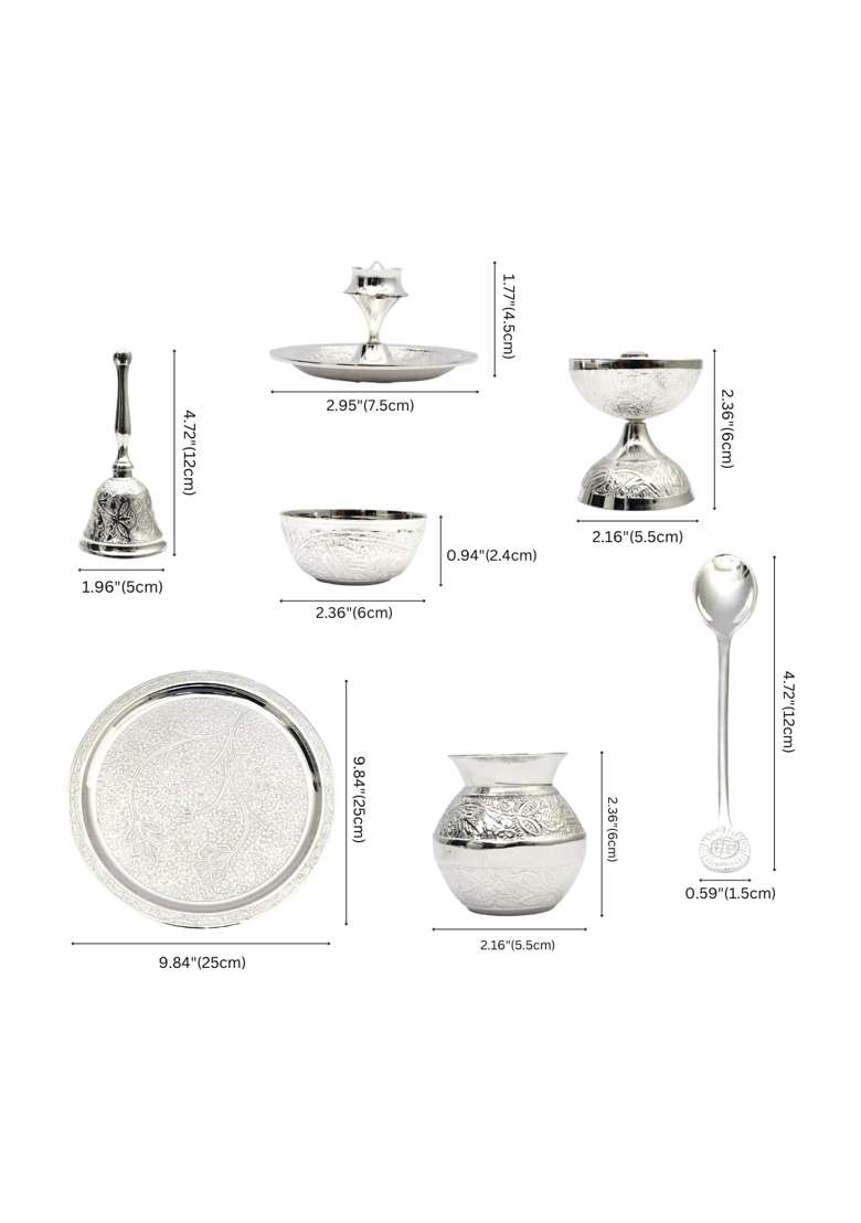 Natriel Silver Plated Brass Pooja Thali Set 7 Piece Traditional Worship Collection with Velvet Box - Indya
