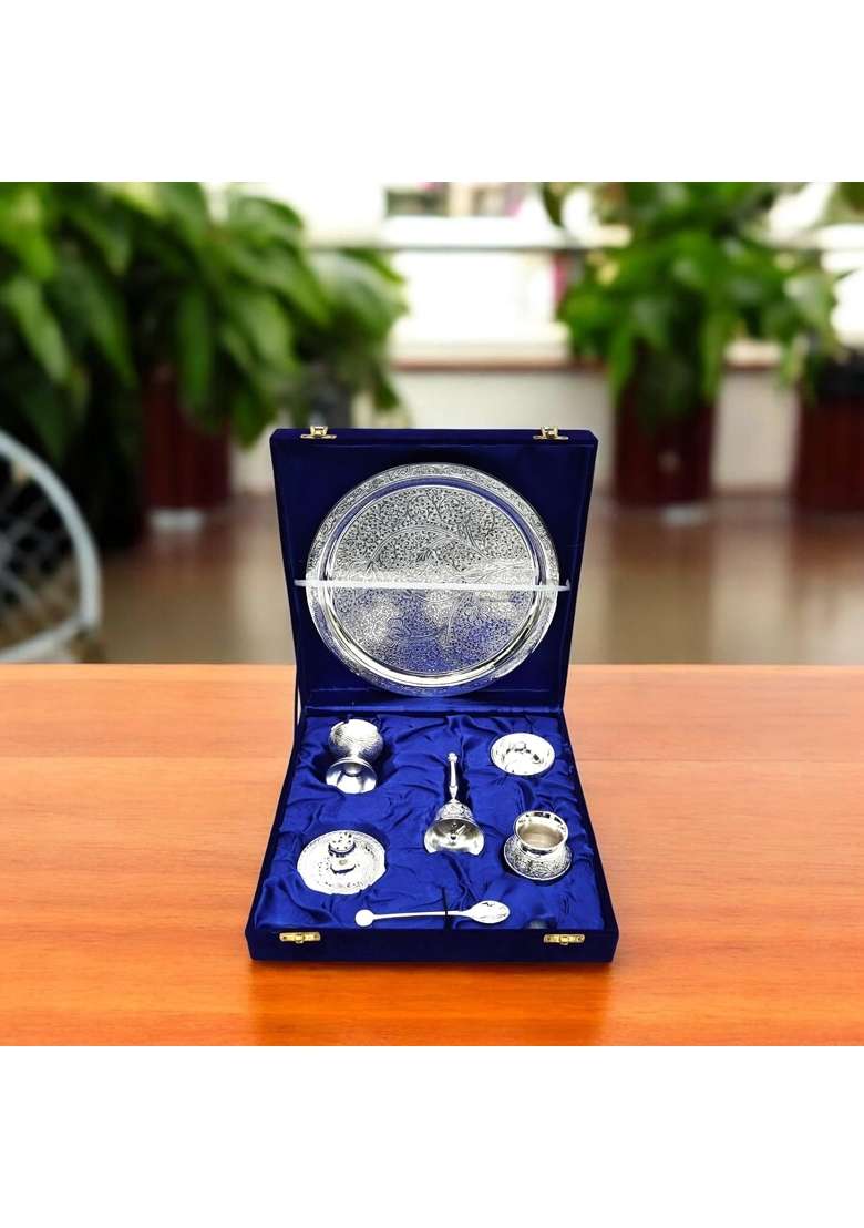 Natriel Silver Plated Brass Pooja Thali Set 7 Piece Traditional Worship Collection with Velvet Box - Indya