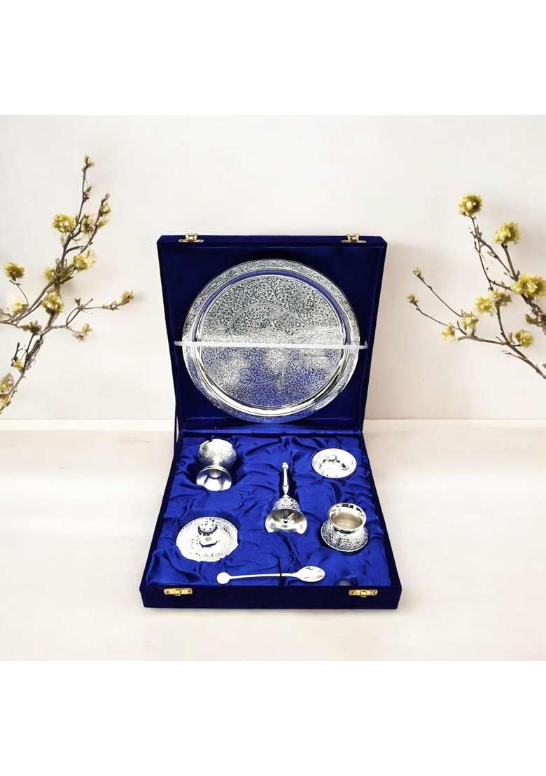 Natriel Silver Plated Brass Pooja Thali Set 7 Piece Traditional Worship Collection with Velvet Box - Indya