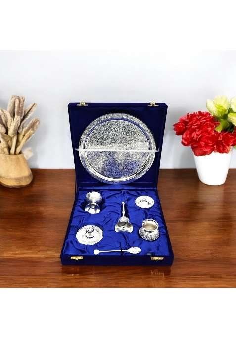 Natriel Silver Plated Brass Pooja Thali Set 7 Piece Traditional Worship Collection with Velvet Box