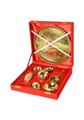 Karigar Creations Golden Brass Pooja Thali Set 9 Piece Traditional Pital Pooja Items for Rituals