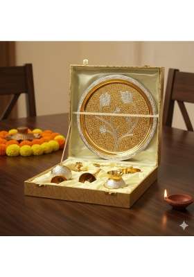 Natriel Handcrafted Embossed Pooja Thali Set Premium Gold and Silver Plated Ritual Set with Decorative Case