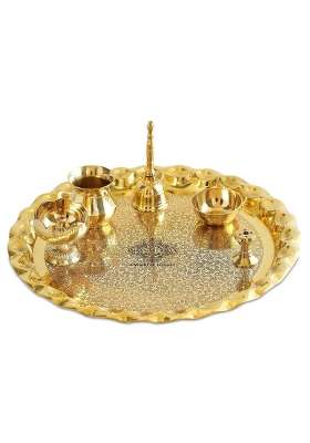Indian ART Villa Pure Brass Pooja Thali Set with Floral Vines Embossed Design Religious Spiritual Item