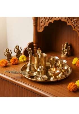 Neetu Arts Gold Plain Brass Pooja Thali Set with Diyas Kumkum Bowls Agarbatti Stand and Accessories