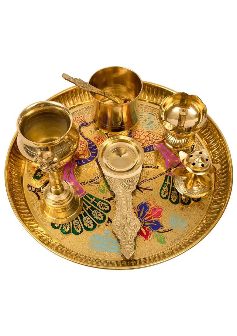 Spillbox Yellow Traditional Handcrafted Brass Puja Pooja Thali - Indya