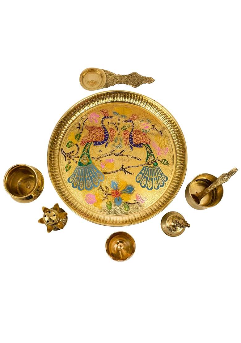 Spillbox Yellow Traditional Handcrafted Brass Puja Pooja Thali - Indya