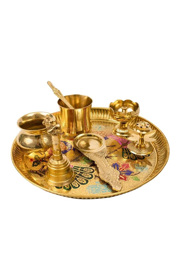 Spillbox Yellow Traditional Handcrafted Brass Puja Pooja Thali - Indya