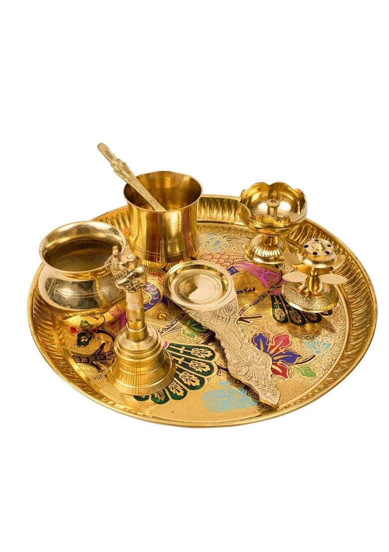 Spillbox Yellow Traditional Handcrafted Brass Puja Pooja Thali - Indya