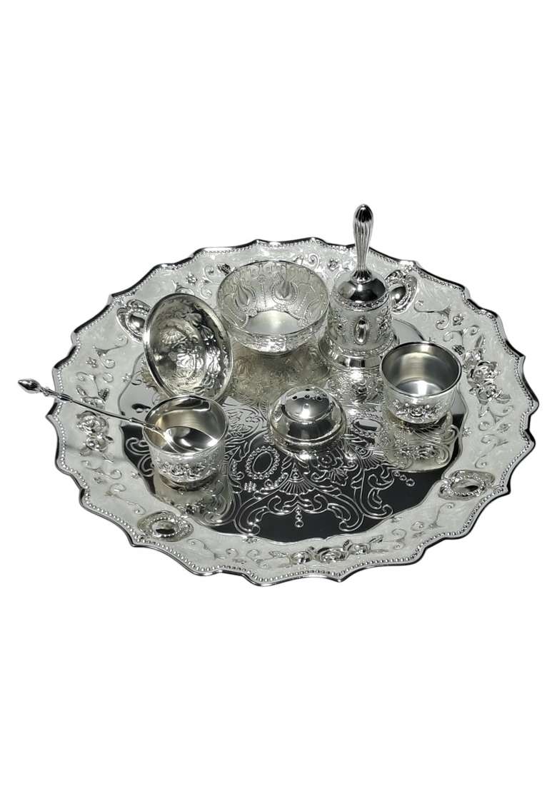 Decovate German Silver Premium Pooja Thali Handcrafted Decorative Aarti Plate with Intricate Embossed Design - Indya