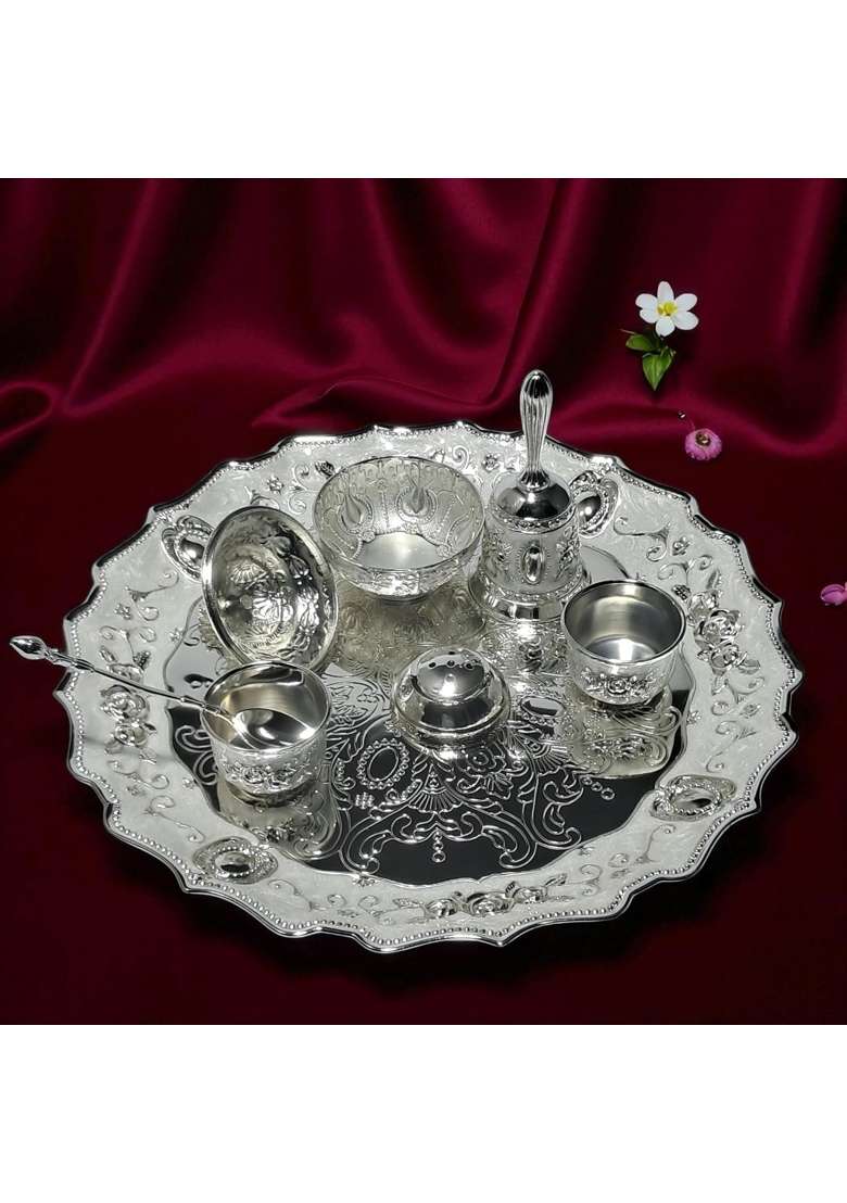 Decovate German Silver Premium Pooja Thali Handcrafted Decorative Aarti Plate with Intricate Embossed Design - Indya