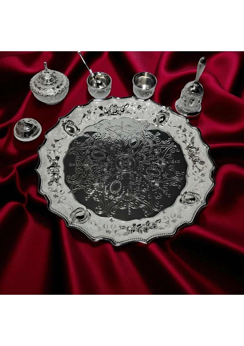 Decovate German Silver Premium Pooja Thali Handcrafted Decorative Aarti Plate with Intricate Embossed Design - Indya
