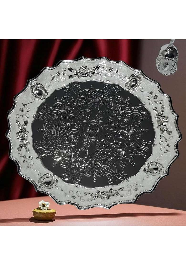 Decovate German Silver Premium Pooja Thali Handcrafted Decorative Aarti Plate with Intricate Embossed Design - Indya