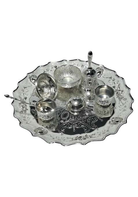 Decovate German Silver Premium Pooja Thali Handcrafted Decorative Aarti Plate with Intricate Embossed Design