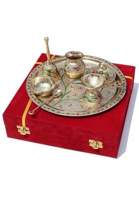 Pure Source India Flower Embossed Colourful Meenakari Decorated Premium Brass Pooja Thali Set with Red Velvet