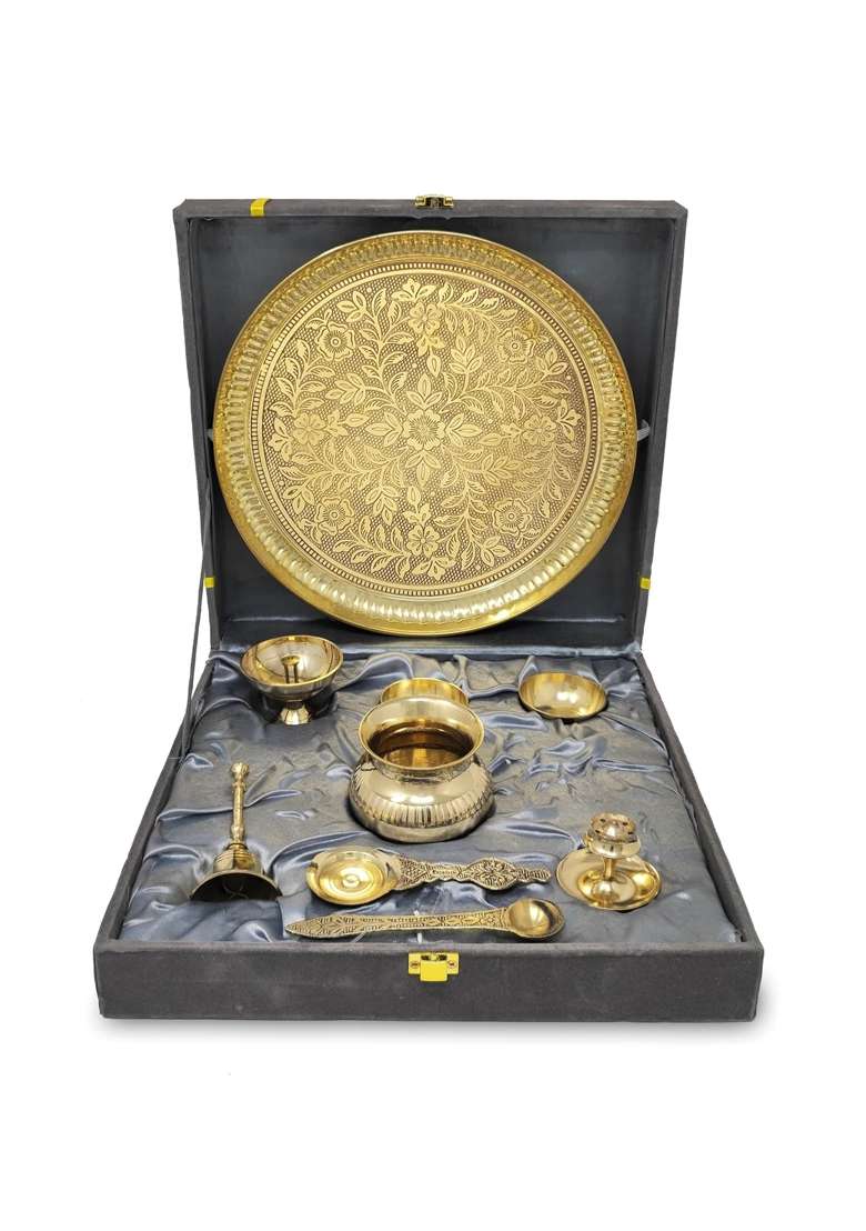 Bengalen ALEN Brass Pooja Thali Set with Grey Gift Box 10 Inch Pital Puja Thali Dhup Dan Kalash Palli Ghanti - Indya
