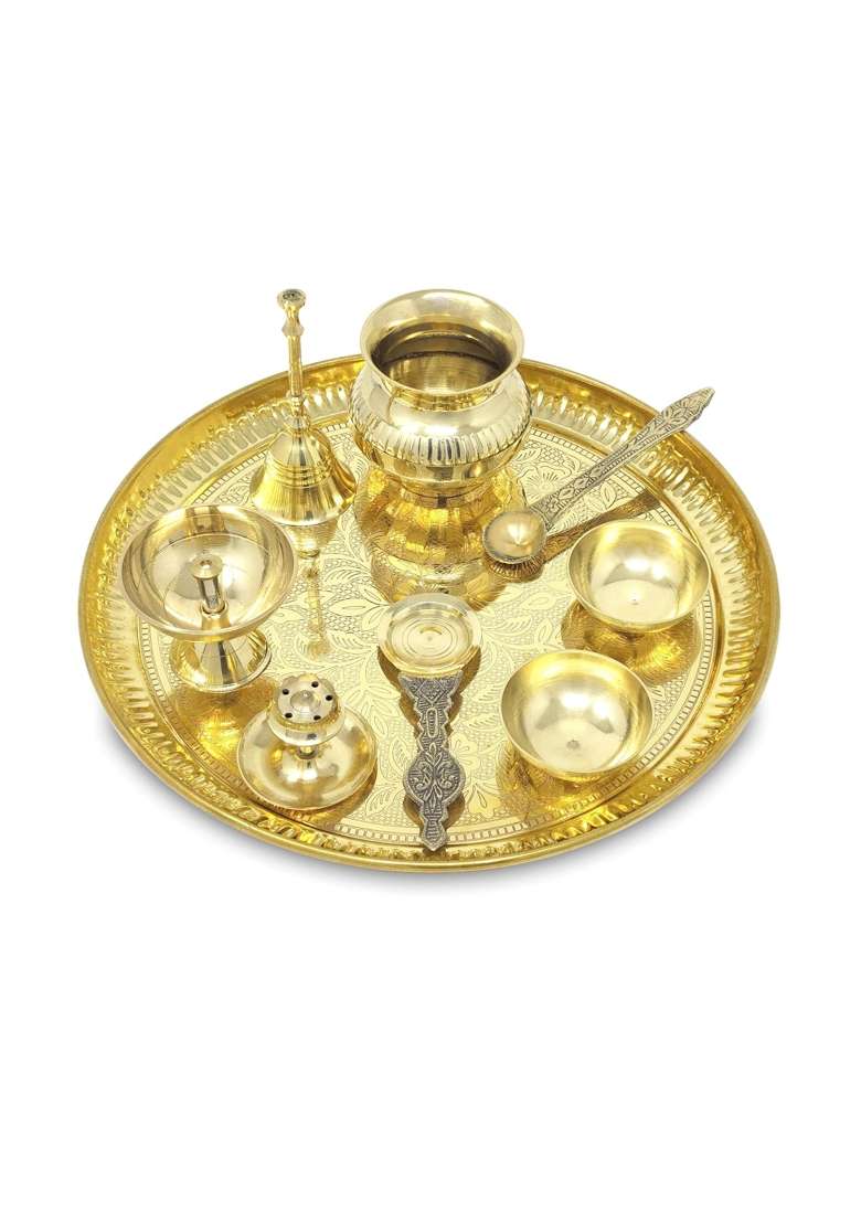 Bengalen ALEN Brass Pooja Thali Set with Grey Gift Box 10 Inch Pital Puja Thali Dhup Dan Kalash Palli Ghanti - Indya