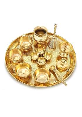 Bengalen Gold ALEN Brass Pooja Thali Set 12 Inch Pital Puja Thali with Plate Kalash Bowl Spoon Haldi Kumkum
