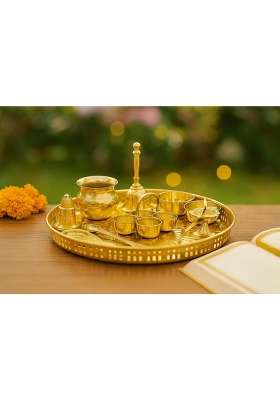 Mkd2 Rise Brass Puja Thali Set 12 Inch Gold Pieces Traditional Pooja Thali Plate Set of 10