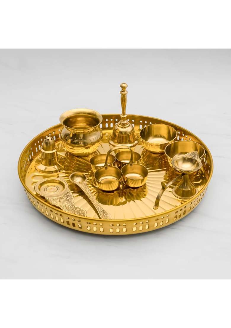 Mkd2 Rise Brass Puja Thali Set 12 Inch Gold Pieces Traditional Pooja Thali Plate Set of 10 - Indya