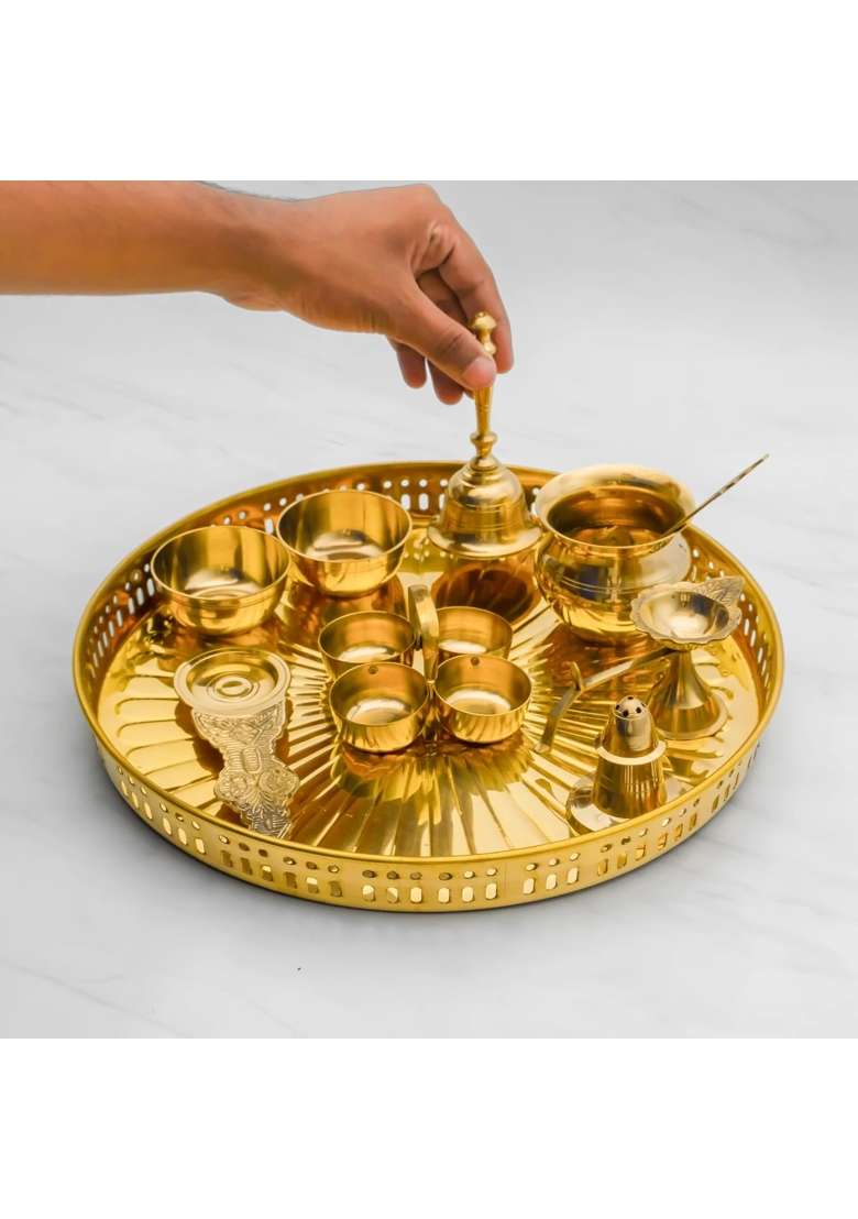Mkd2 Rise Brass Puja Thali Set 12 Inch Gold Pieces Traditional Pooja Thali Plate Set of 10 - Indya