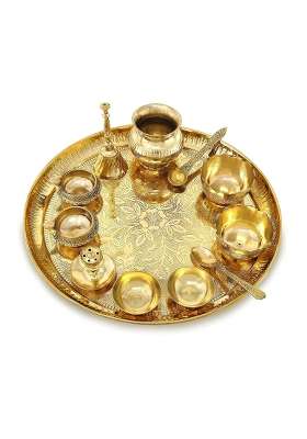 Bengalen Gold ALEN Brass Pooja Thali Set 12 Inch Pital Puja Thali with Plate Kalash Bowl Spoon Palli Ghanti