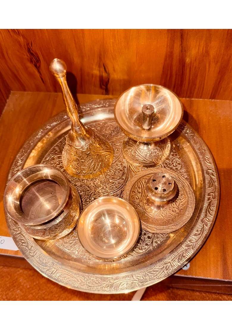 Brass Pooja Thali Set Golden Engraved Floral Design with Bowls Diya Incense Holder and Bell - Indya