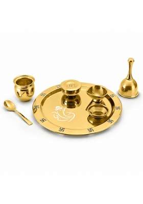 Fns 7 Pcs Stainless Steel Gold Pooja Thali Set with Velvet Gift Box Puja Samagri Kit Includes Thali Kalash