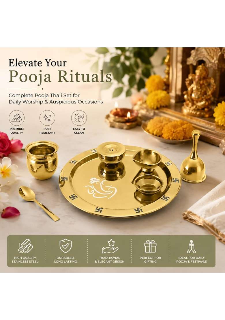 Fns 7 Pcs Stainless Steel Gold Pooja Thali Set with Velvet Gift Box Puja Samagri Kit Includes Thali Kalash - Indya