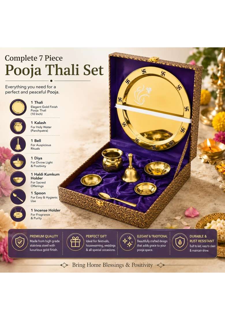 Fns 7 Pcs Stainless Steel Gold Pooja Thali Set with Velvet Gift Box Puja Samagri Kit Includes Thali Kalash - Indya