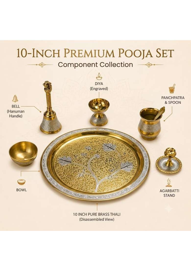 Brass Pooja Thali Set 10Inch Puja Thali Set with Pooja Items - Indya